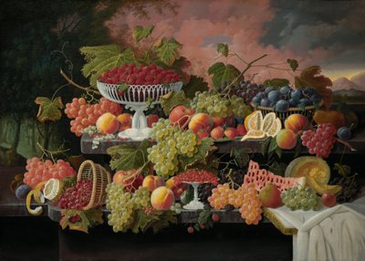 Two-Tiered Still Life with Fruit and Sunset Landscape by Severin Roesen